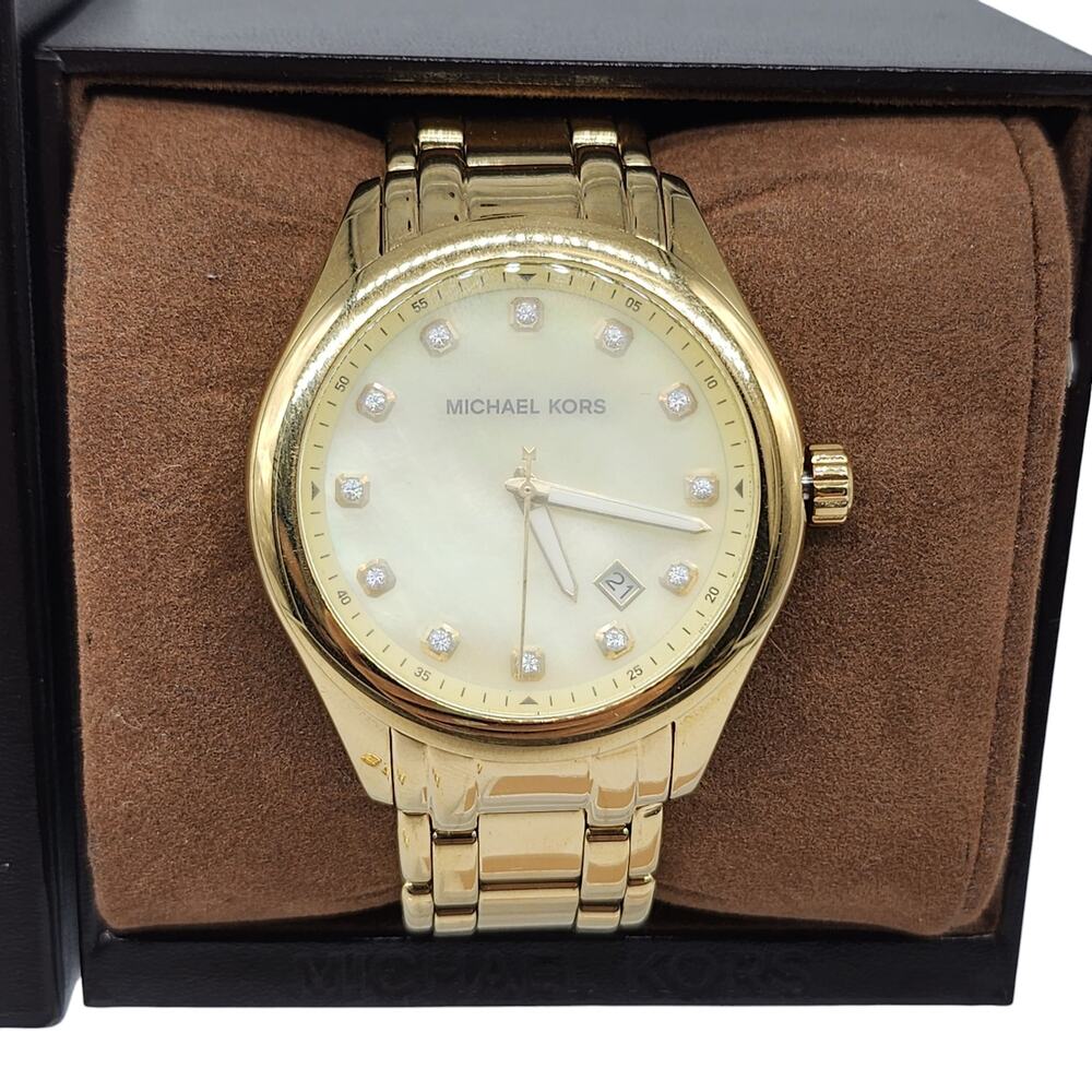 Michael Kors Watch Womens Gold Plated Stainless Steel Mother of Pearl Crystal